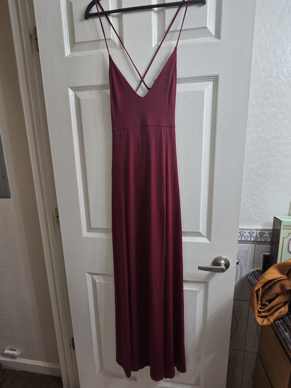 Blue Blush Burgundy Maxi Slip Dress with Crisscross Spaghetti Straps